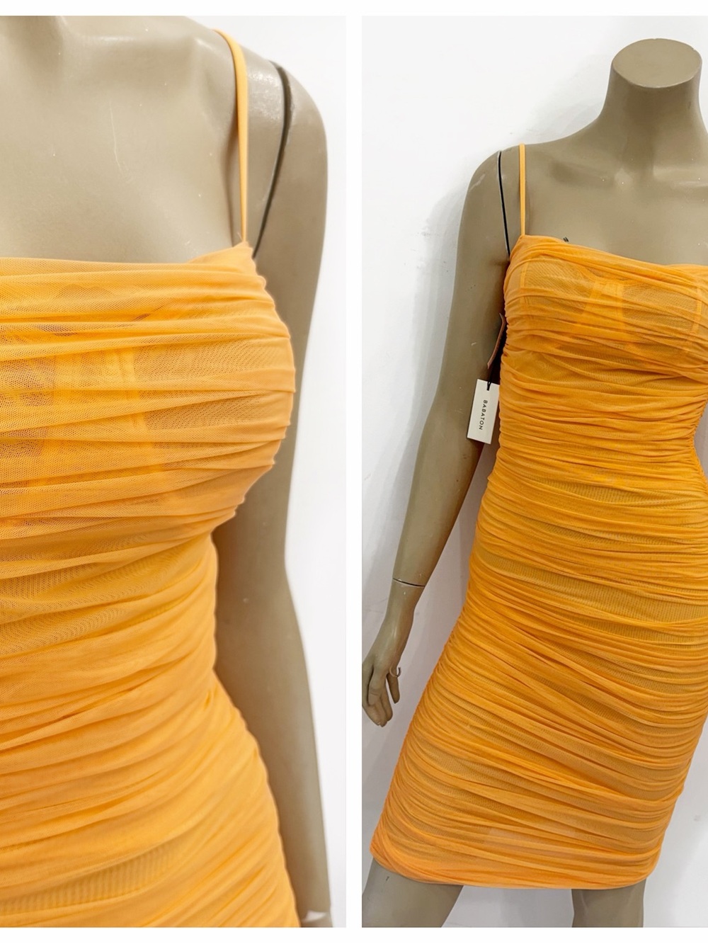 Babaton Orange Ruched Mesh Spaghetti-Strap Midi Dress